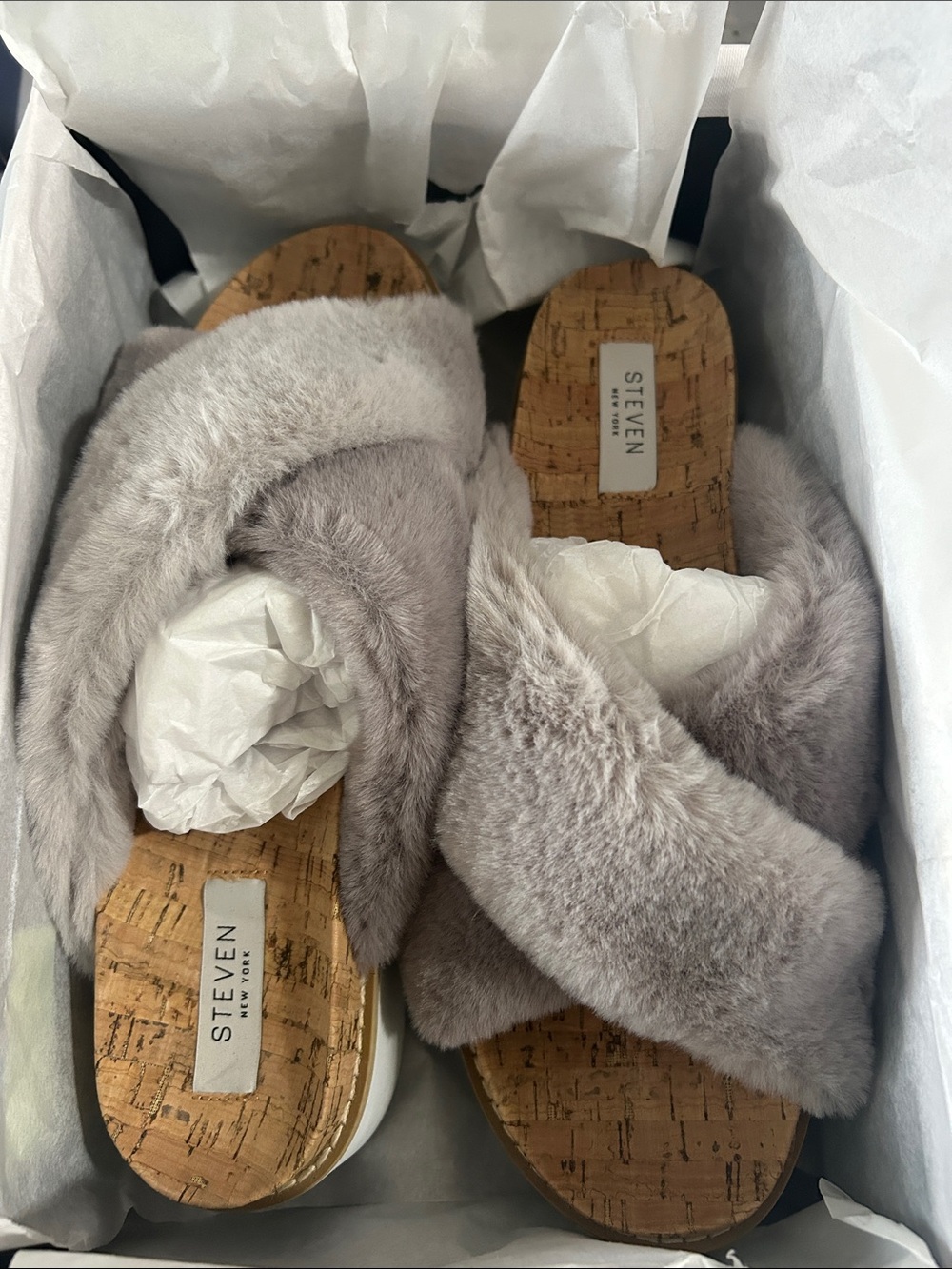 Steve Madden (STEVEN) Gray Faux-Fur Cork Slide Sandals